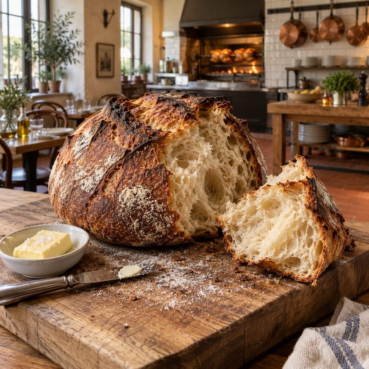 A round hearth loaf with a dark blistered crust, torn open on a board beside a dish of salted butter.