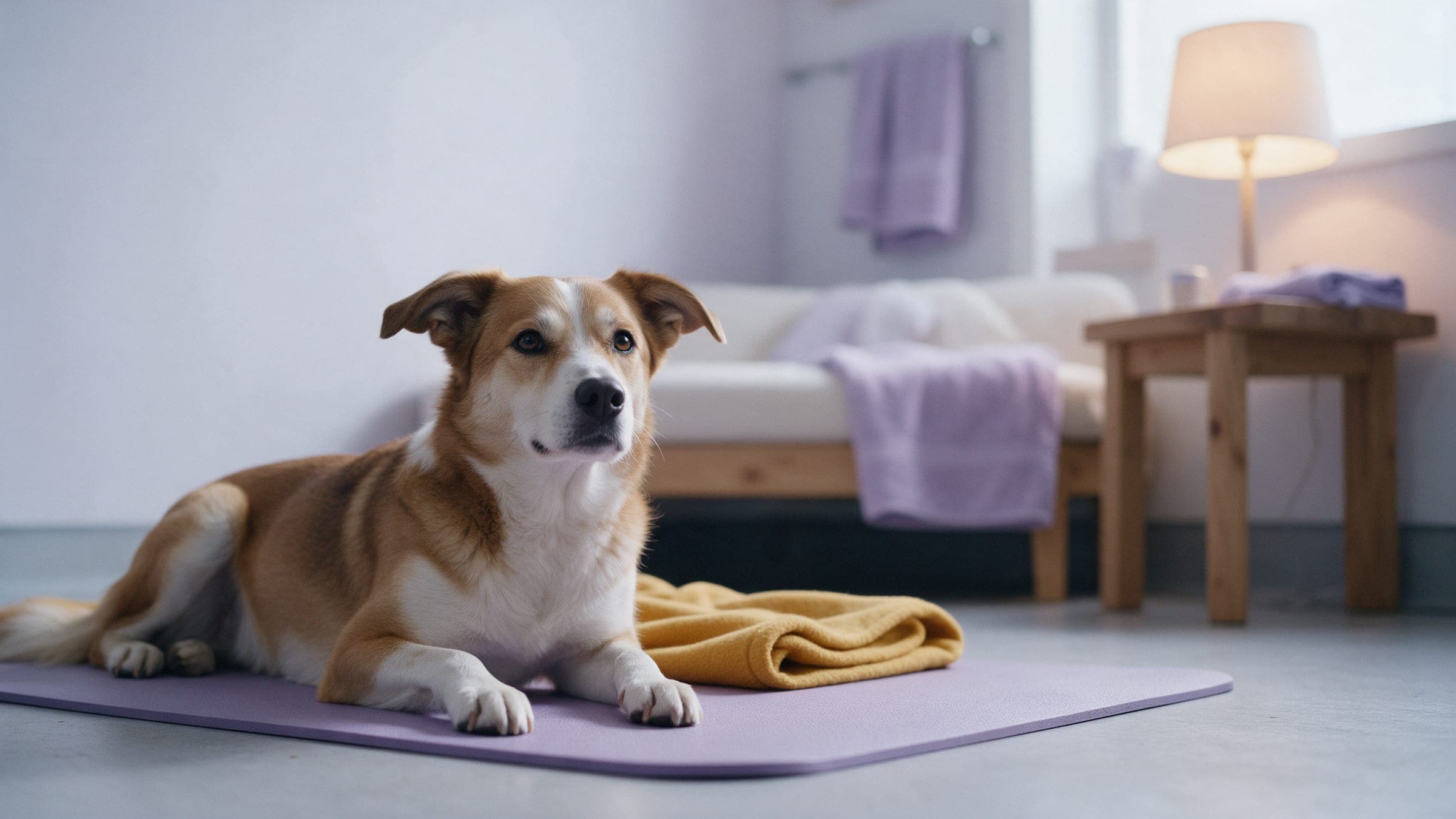 A dog settled on a mat in the quiet room, with the lamp on.