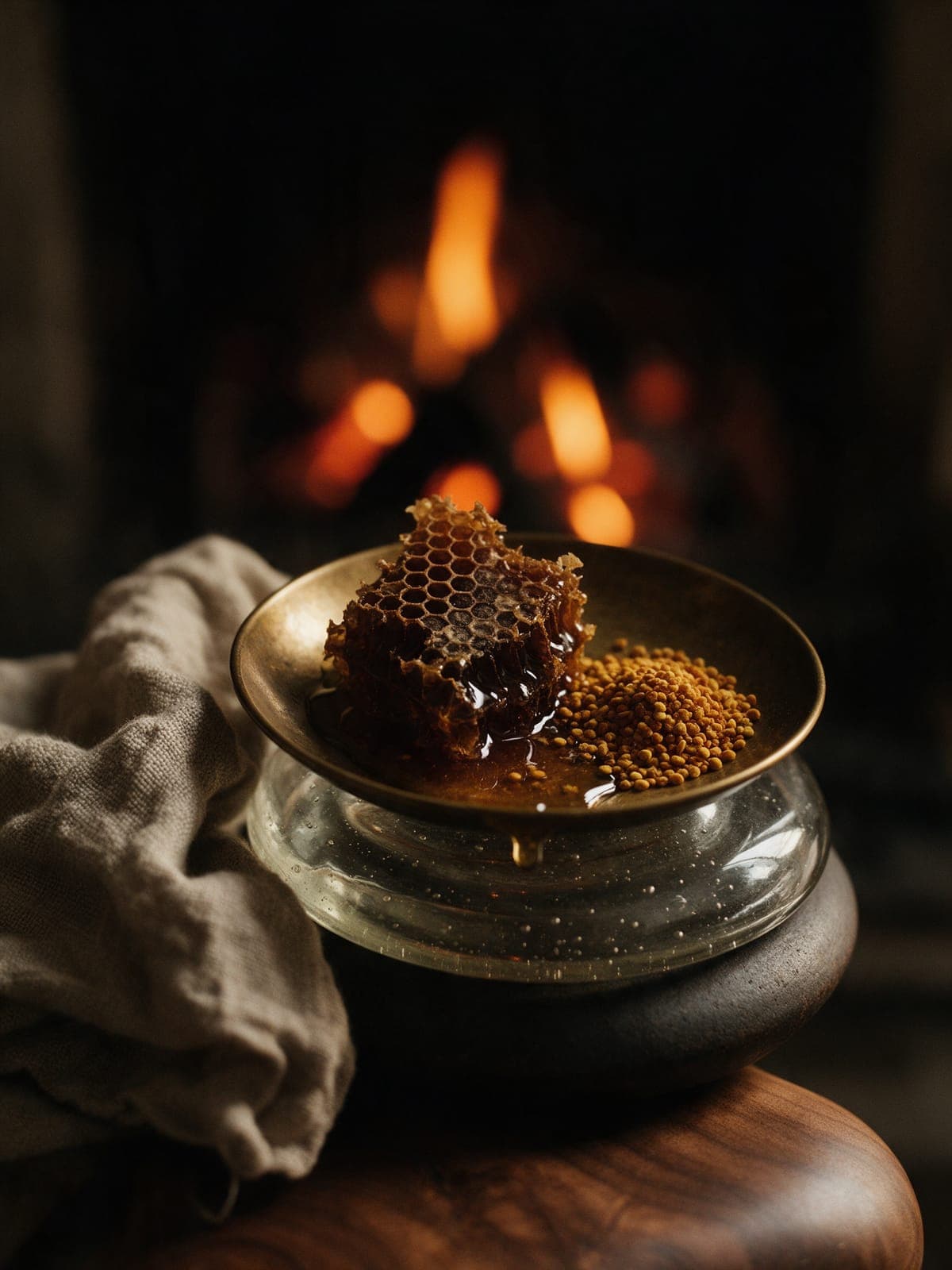 A broken piece of dark honeycomb and a heap of bee pollen in a brass dish, embers glowing behind.