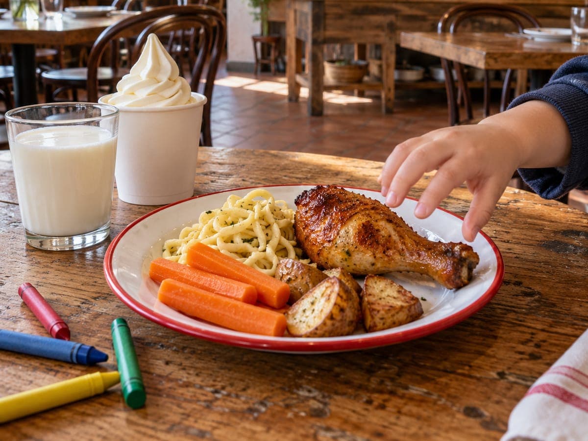 A small hand reaching for a drumstick on a red-rimmed plate of buttered noodles, carrot sticks and potatoes, with milk, soft serve and crayons.