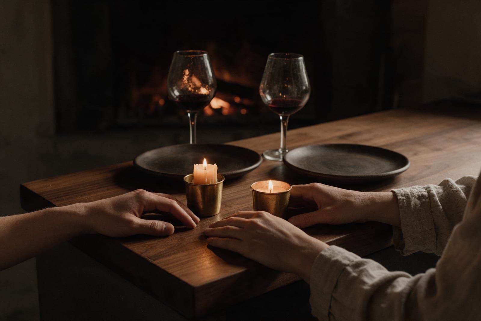 Late at the walnut counter: candles burned down by a third, two empty plates, two glasses with a last pour, the hearth low behind.