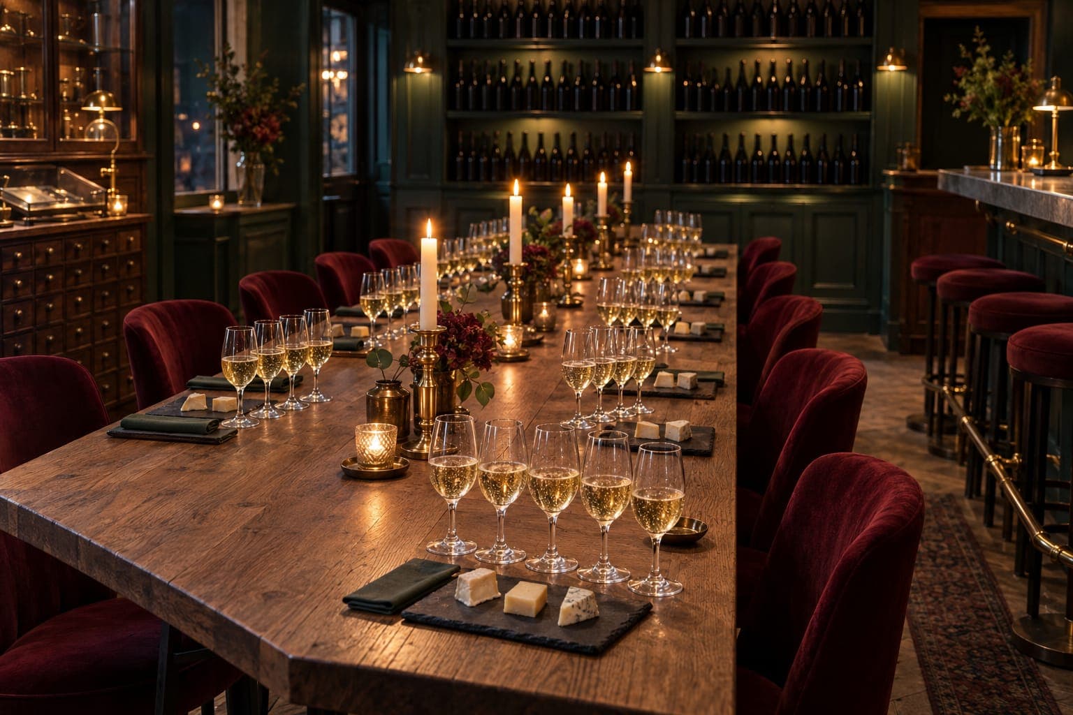 The long oak table in the shop set for a tasting: rows of small glasses of sparkling wine, slates of cheese and candles.