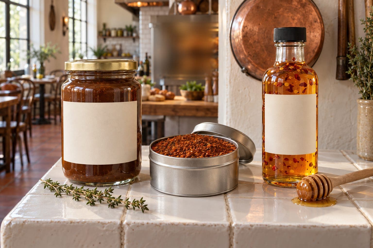 A jar of our gravy, an open tin of spice rub and a bottle of hot honey flecked with chili, on a white-tiled shelf beside a honey dipper.