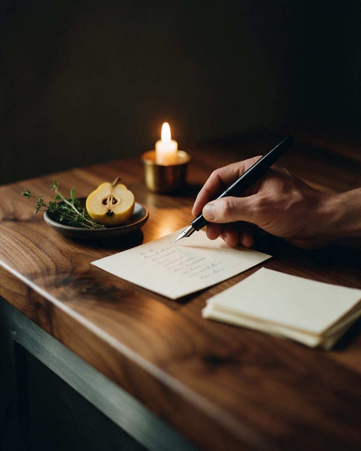 A hand writing the night's menu with a fountain pen on a cream card, a halved quince and a sprig of herbs beside it.