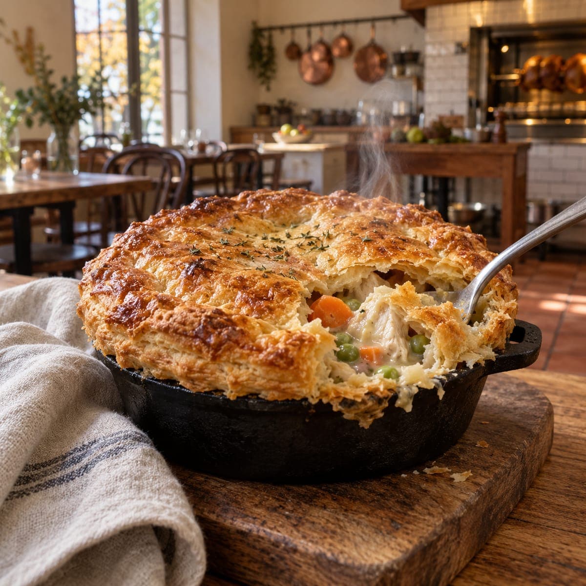 A chicken pot pie in a small cast iron pan, its flaky crust broken by a spoon to show chicken, carrots and peas, steam rising.