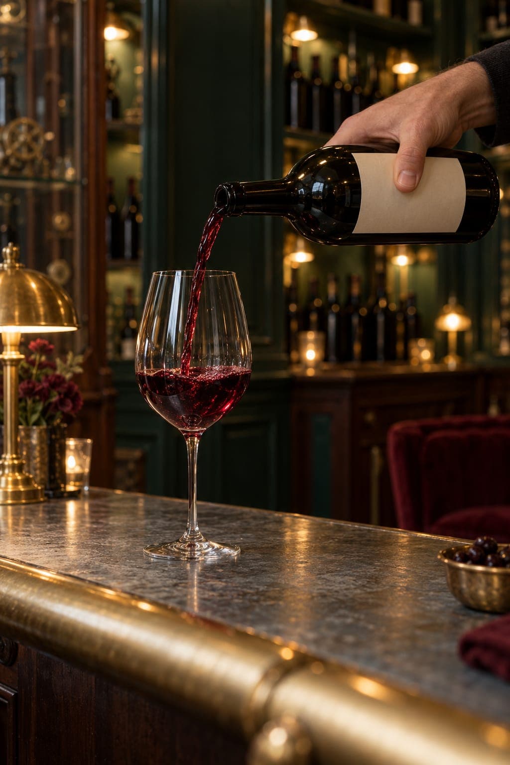 A hand pouring red wine from a bottle into a stemmed glass on the zinc bar, shelf lamps glowing behind.