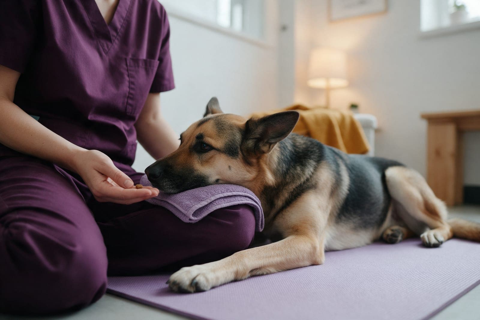 A shepherd mix resting its chin on a towel on the vet’s knee.