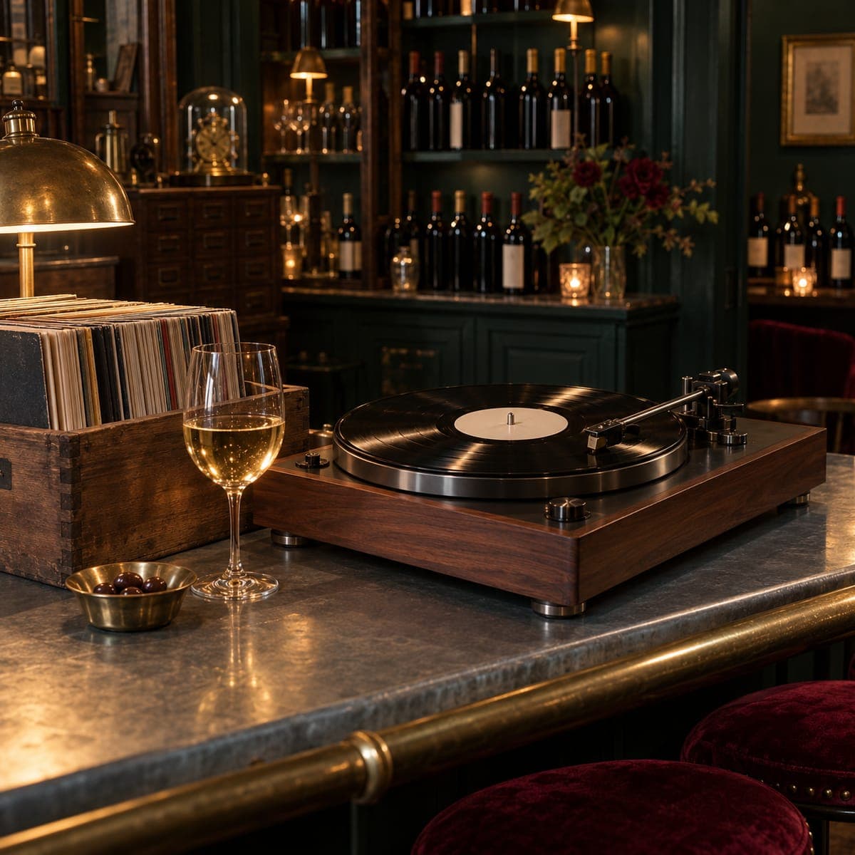 A turntable and a wooden crate of records at the end of the zinc bar, a glass of white wine beside them.