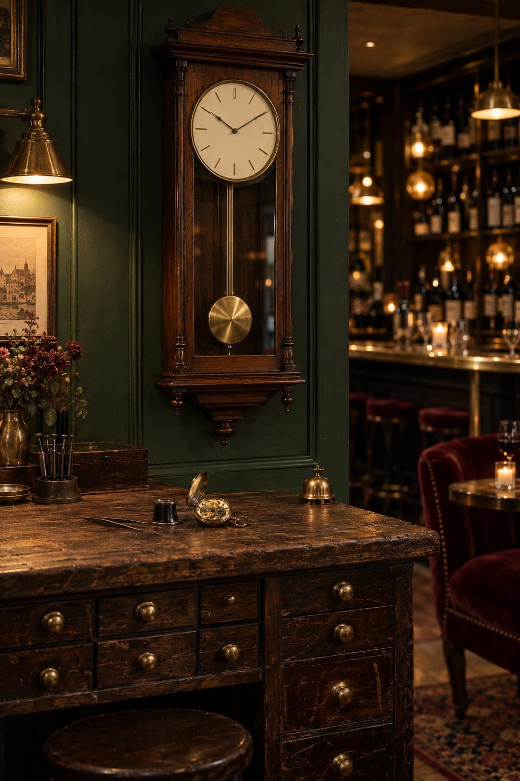 The walnut regulator clock with its brass pendulum, on the green wall above the watchmaker's scarred oak bench.