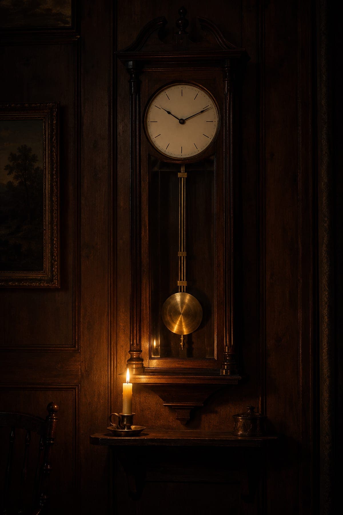 A tall pendulum regulator clock in a dark walnut case on a paneled wall, its brass bob lit by one candle on the ledge below.