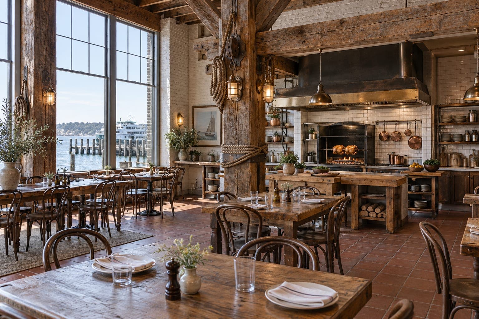 The Greenport room in the old chandlery: heavy timber beams hung with rope and ship lamps, a ferry at the dock outside, the rotisserie lit at the back.