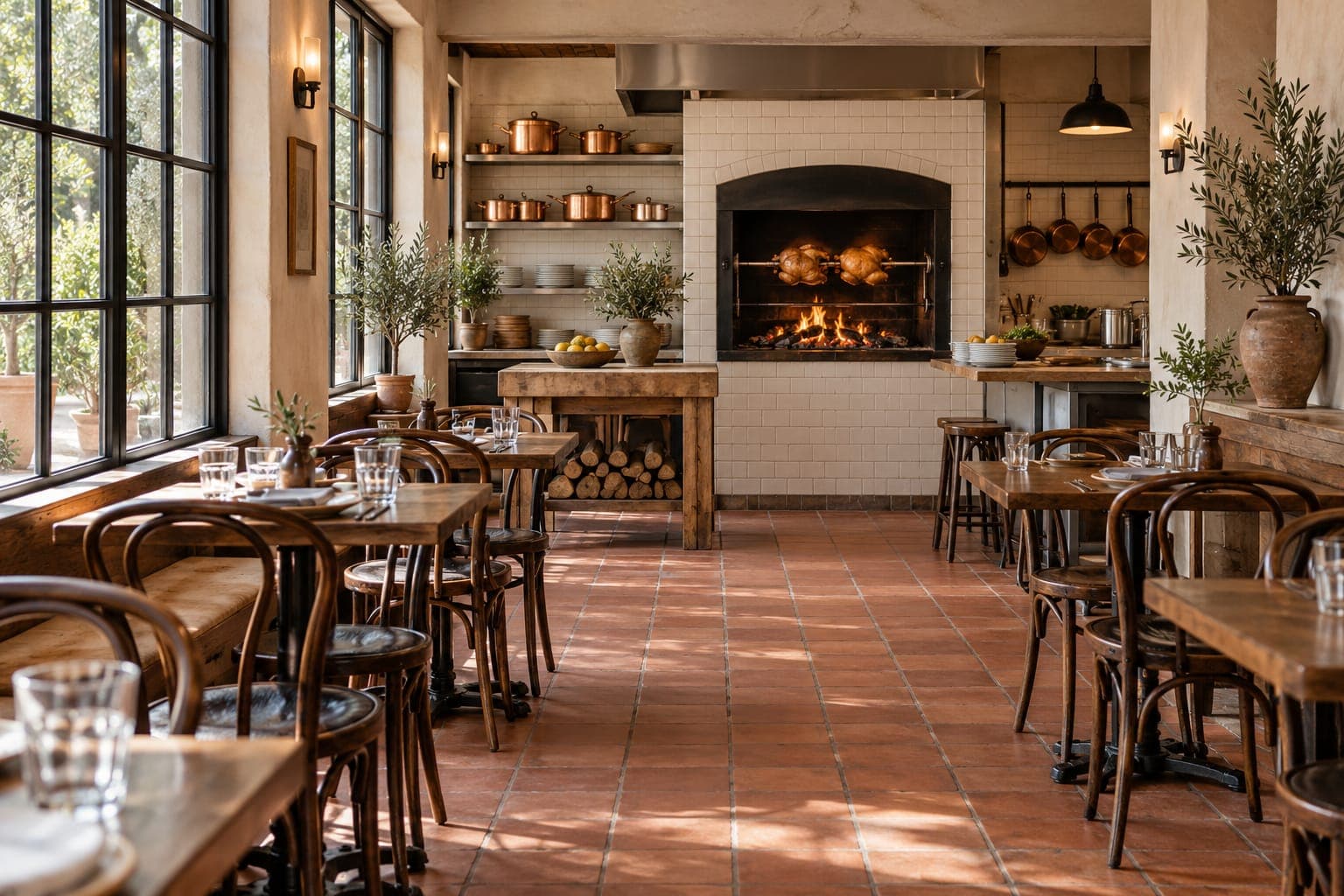 The Huntington room before lunch: bentwood chairs, terracotta floor, tall windows, and one black rotisserie with two birds over the fire in a white-tiled wall.