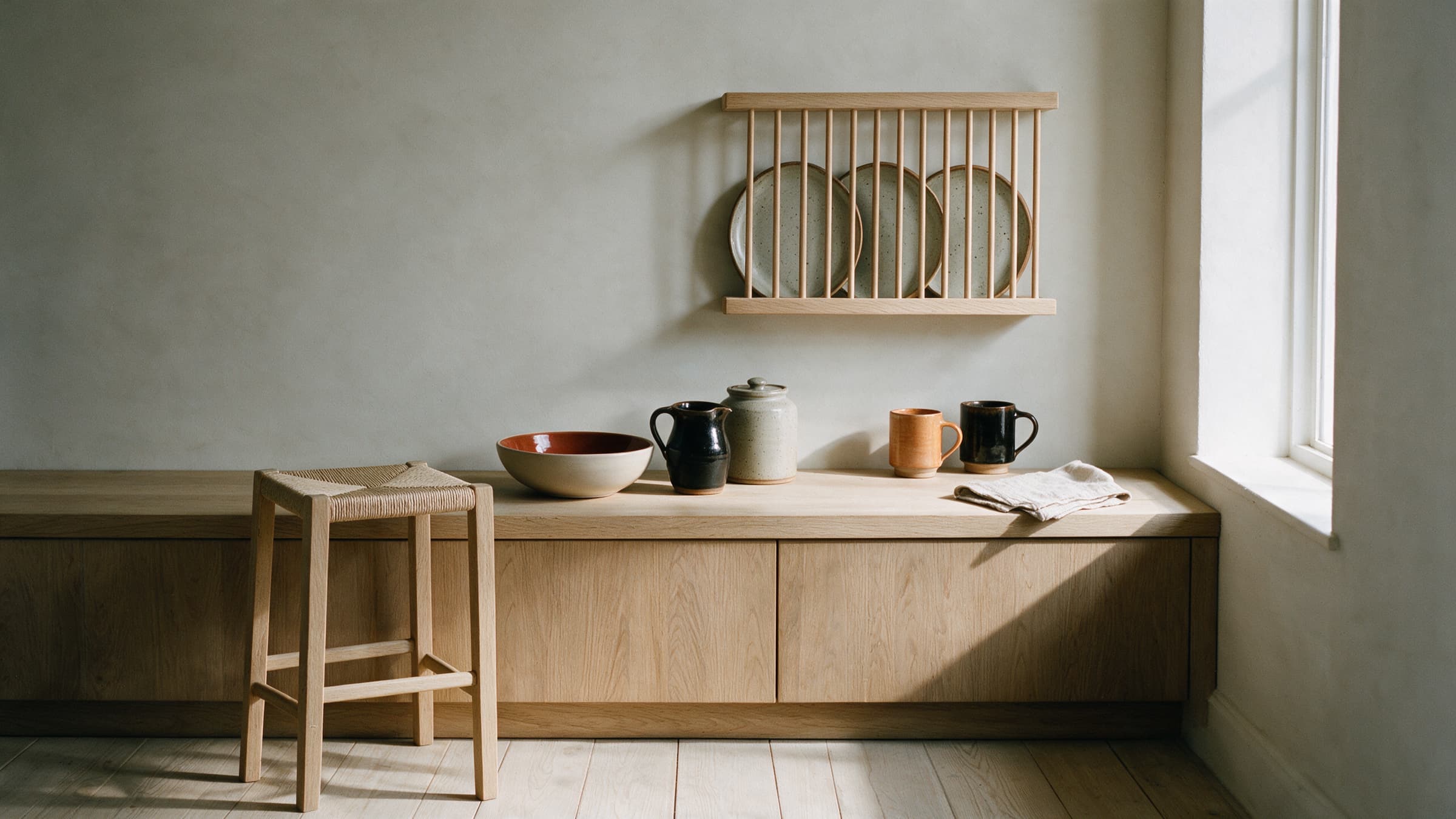A small kitchen with plaster walls and a north window: a white oak counter with a low bowl, a black-brown jug, a speckled jar, an orange shino mug and a black tenmoku mug, a plate rack on the wall holding three oatmeal plates, and a white oak counter stool