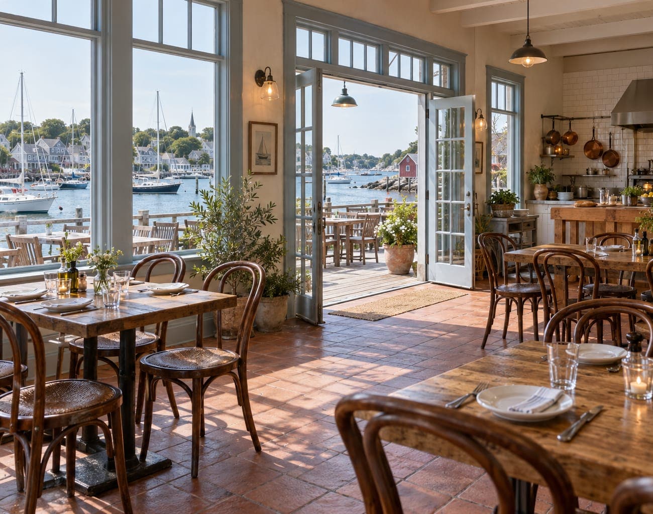 The Northport room with its doors open to the deck, sailboats on the harbor beyond the windows, tables set for lunch.