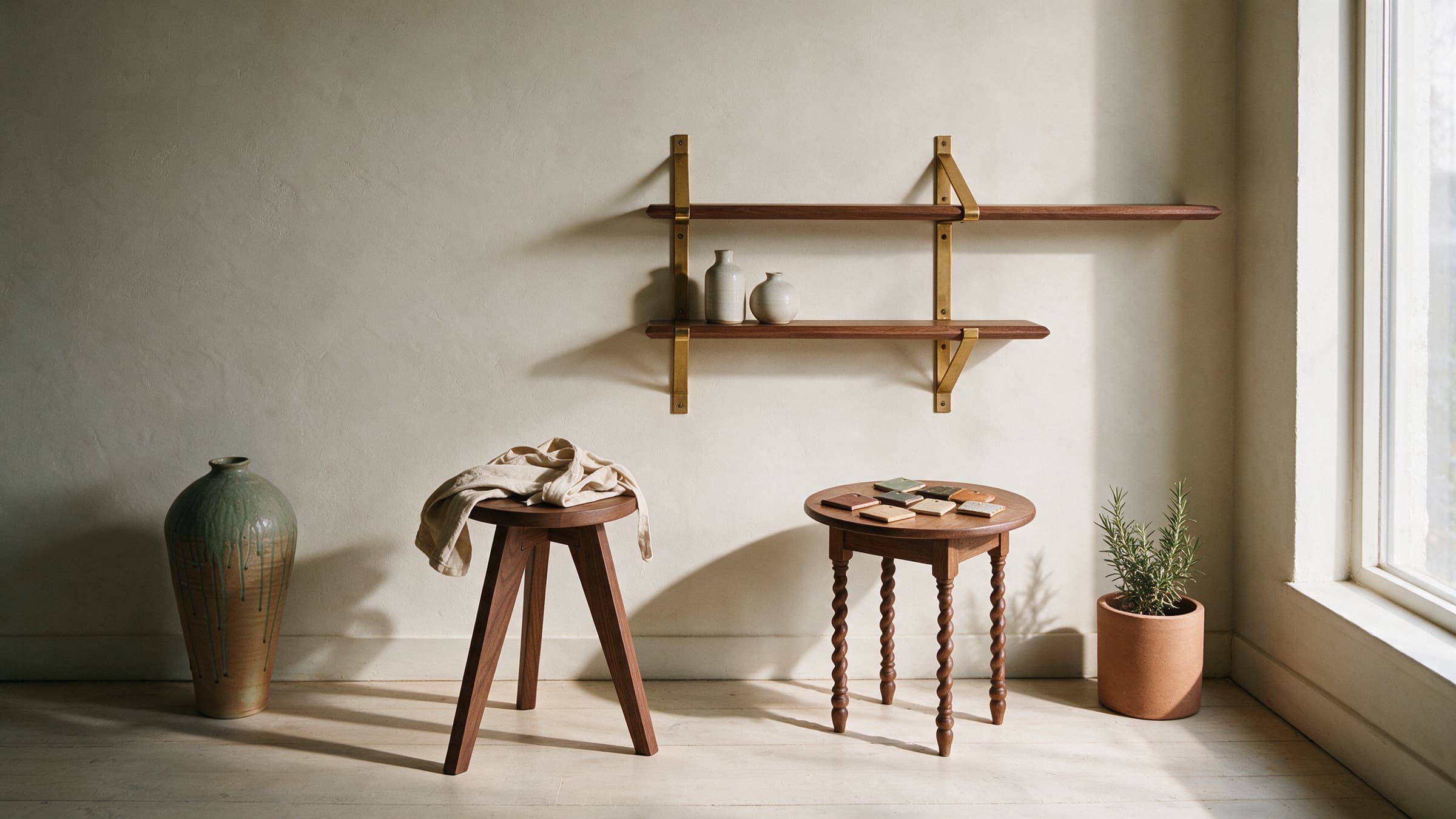 A potter’s studio corner with plaster walls and a north window: a walnut wall shelf on brass standards holding two small white vases, a three-legged walnut stool, a tall ash-glazed floor vessel, a walnut side table with barley-twist legs and six glaze tiles on it, and a terracotta planter with rosemary