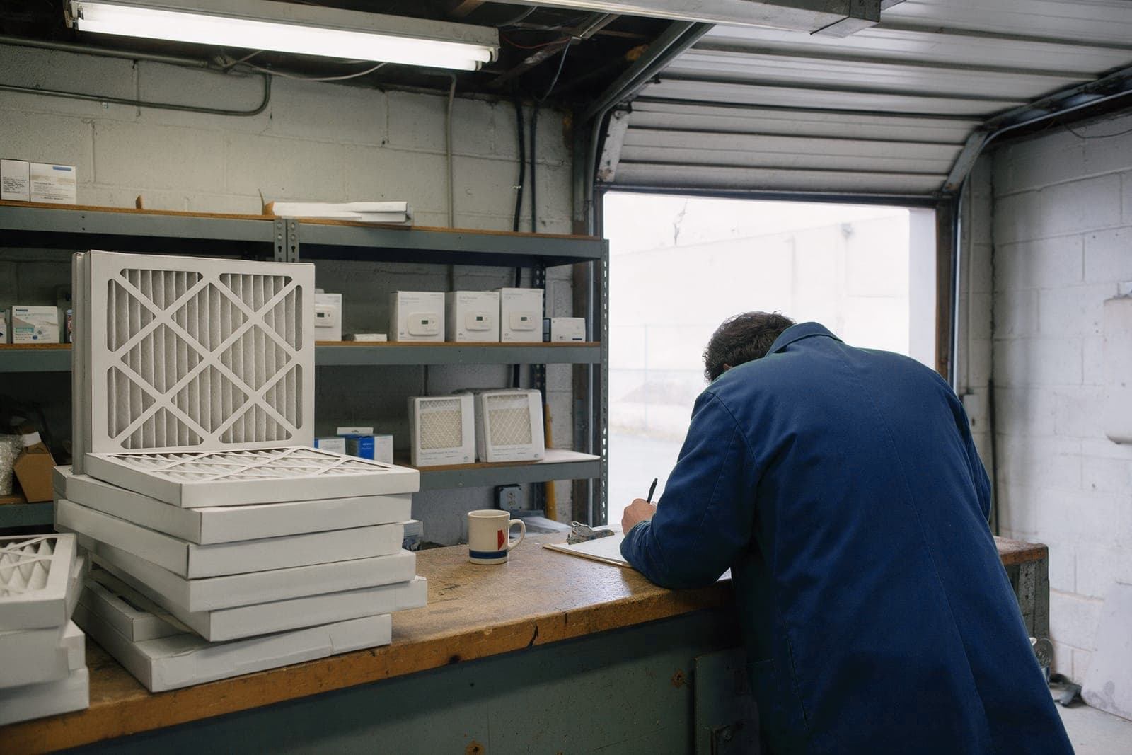 A technician writes on a clipboard at the shop's wooden parts counter, stacks of furnace filters beside him and the roll-up door open behind