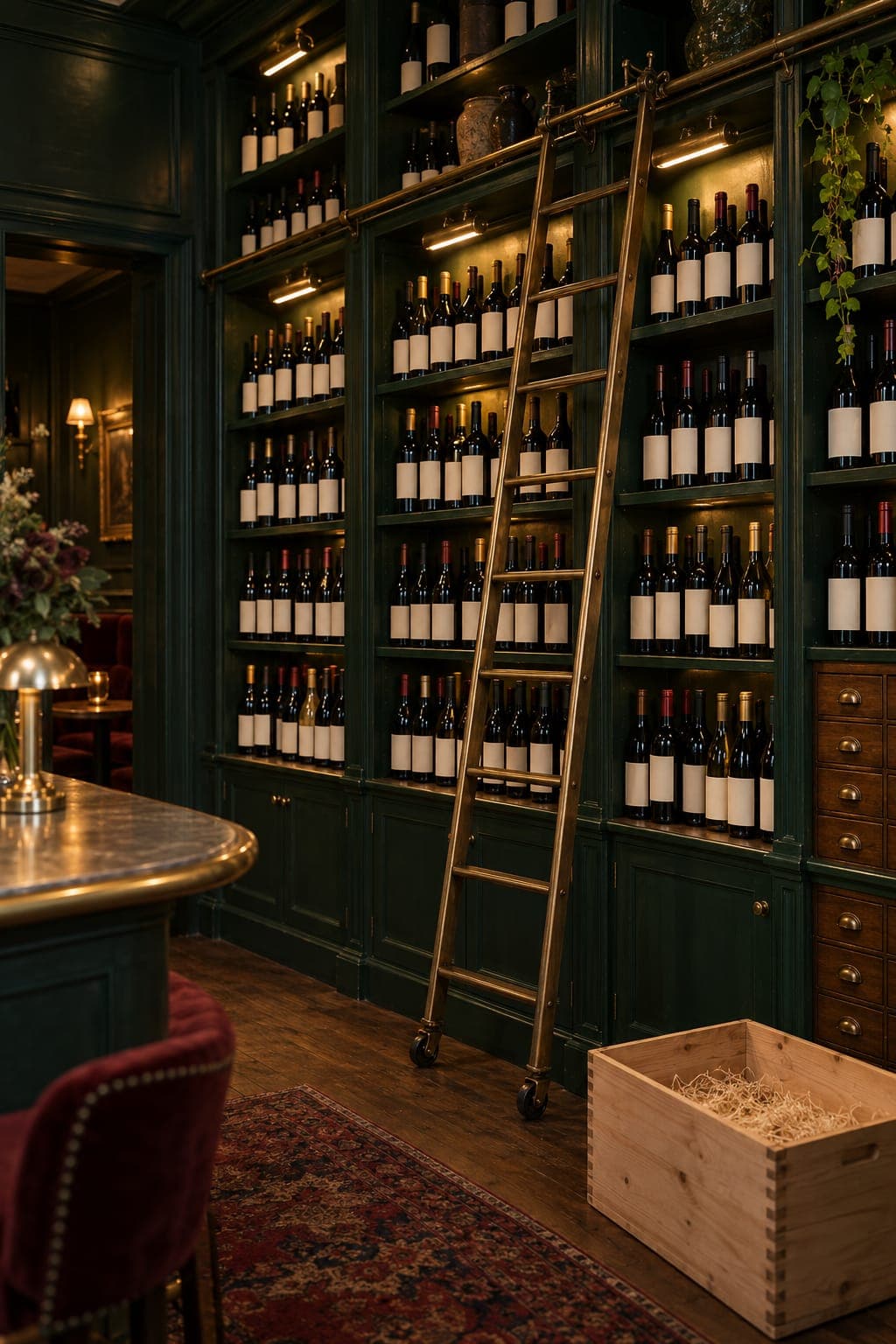Floor-to-ceiling green shelves of bottles with a brass ladder.