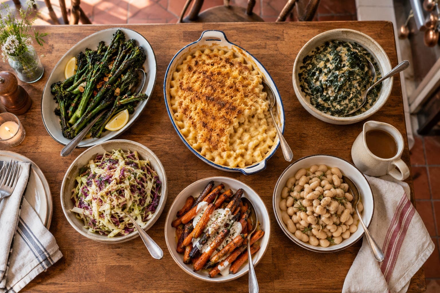 A wooden table from above, crowded with bowls: charred broccolini, macaroni and cheese, creamed greens, slaw, roasted carrots, white beans and a jug of gravy.