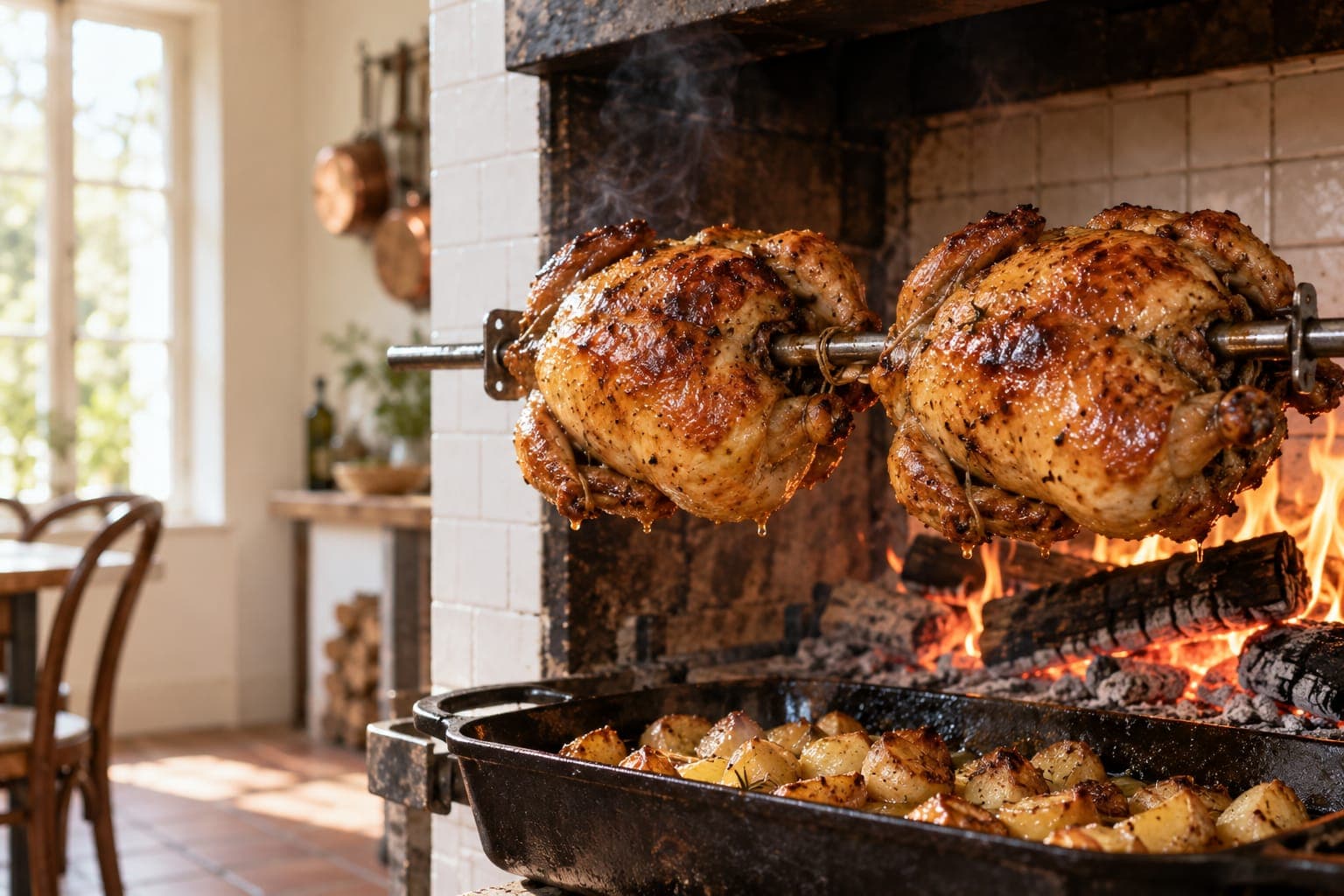 Two golden chickens on one spit in front of a wood fire, a pan of potatoes below, sun from the window on the cream wall.