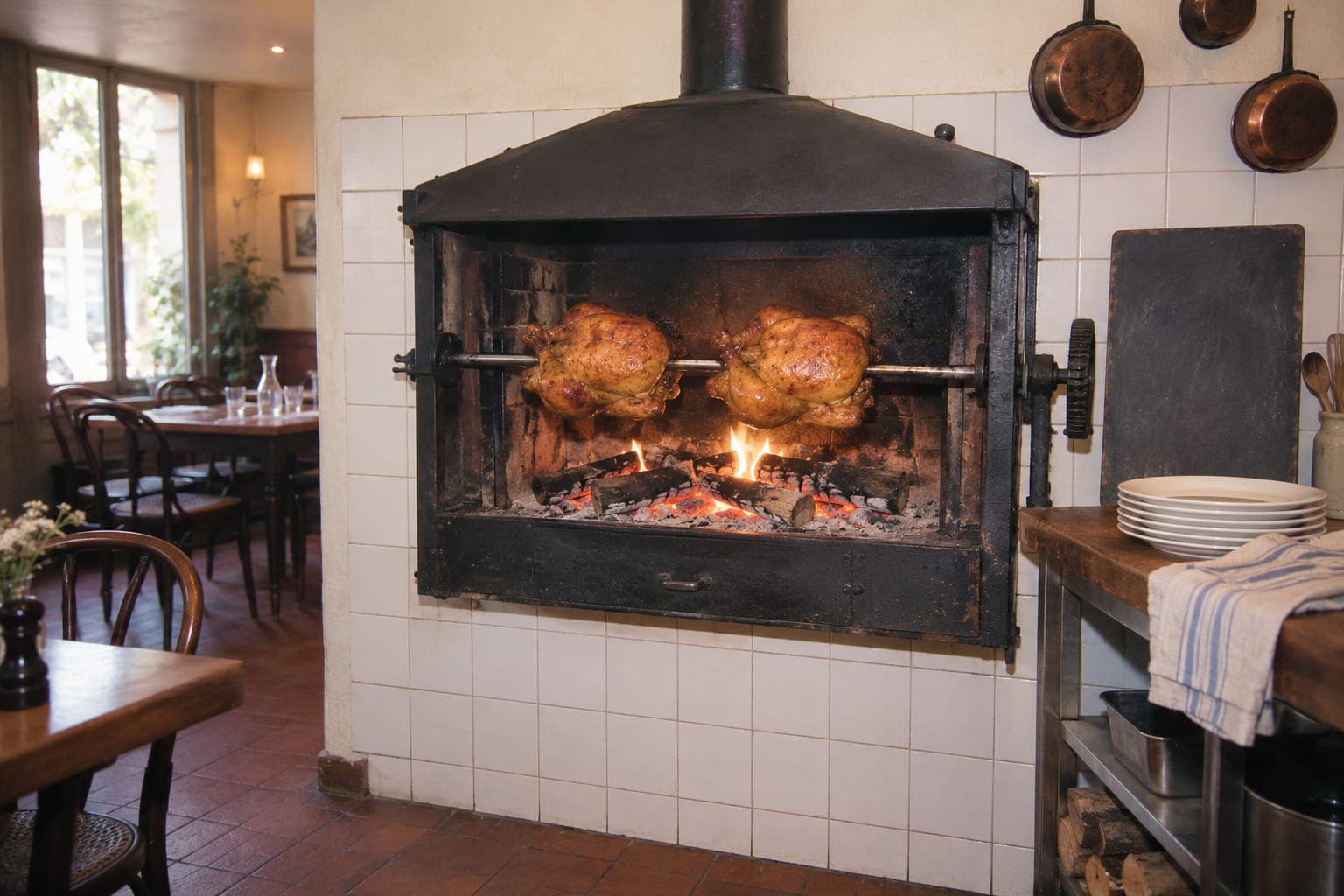A faded snapshot of a small black iron rotisserie in a white-tiled wall: two chickens on one spit over a wood fire, a crank at the side, plates stacked on the counter.