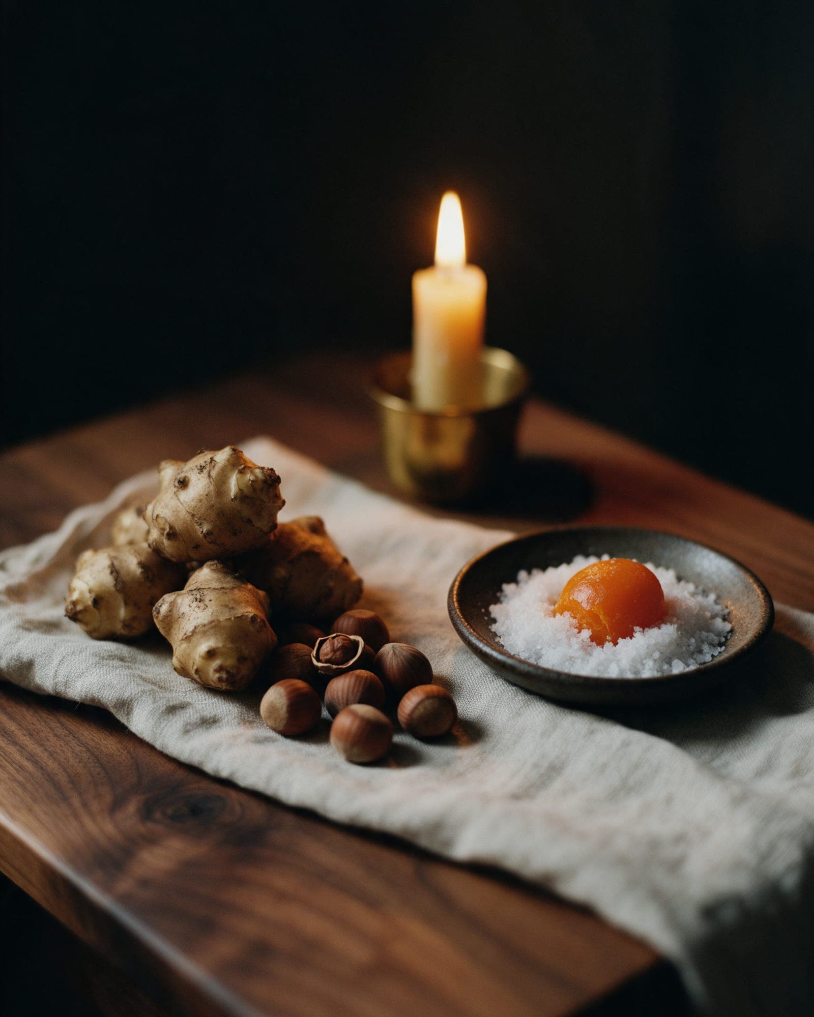 Raw sunchokes with soil still on them, hazelnuts in their shells, and a cured yolk in coarse salt in a stoneware dish.