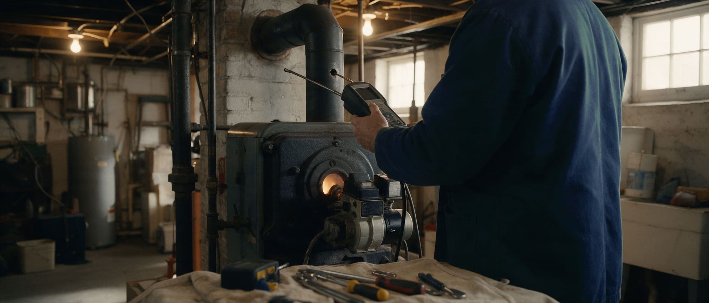 A technician holds a combustion analyzer probe in the flue pipe of a running cast-iron boiler, tools laid out on a drop cloth