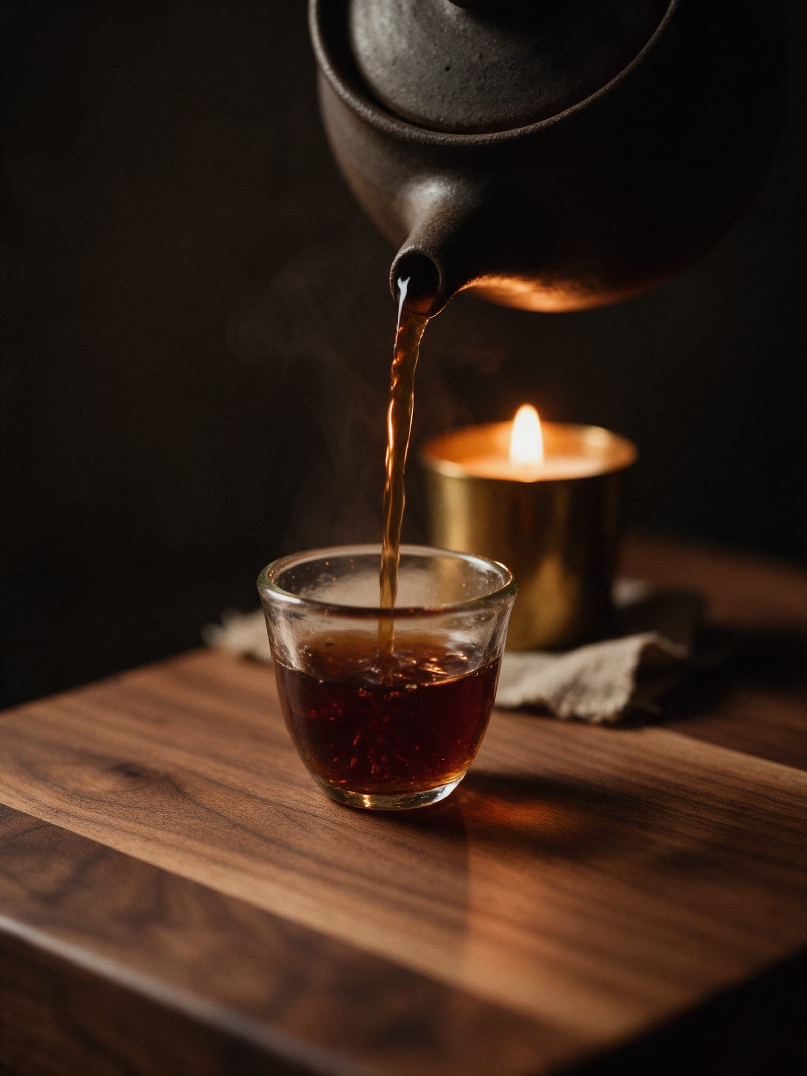 Amber roasted tea poured from a dark clay pot into a small glass on walnut, steam catching the candlelight.