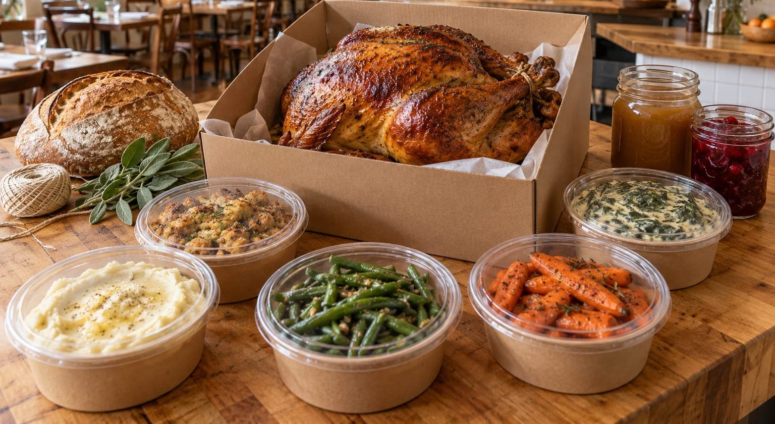 A whole wood-roasted turkey in an open box on the counter, with tubs of mashed potatoes, stuffing, green beans, carrots and creamed greens, jars of gravy and cranberry, and a loaf.