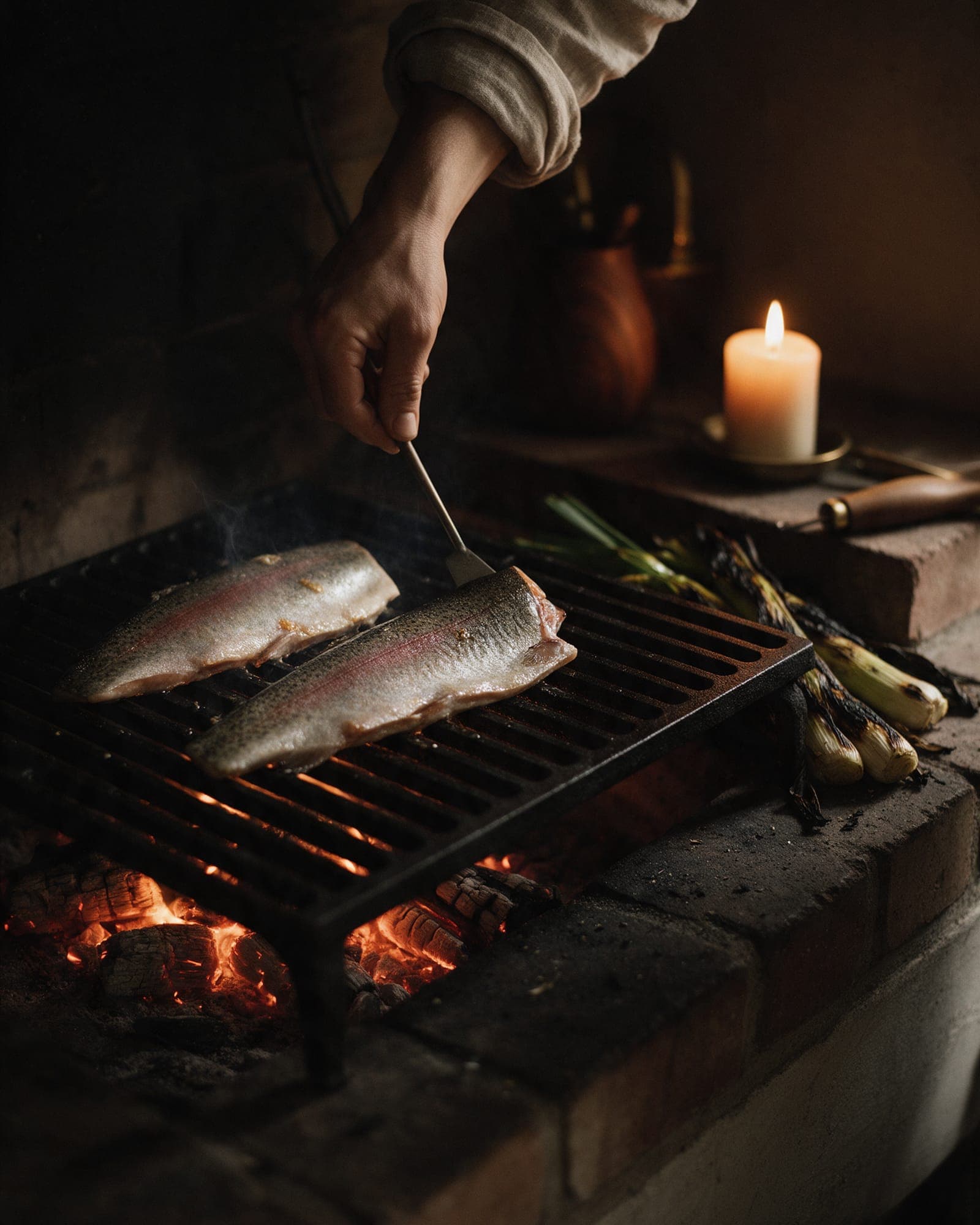 Two trout fillets on the cast-iron grate over oak embers, a spatula lifting one, charred leeks on the brick ledge.