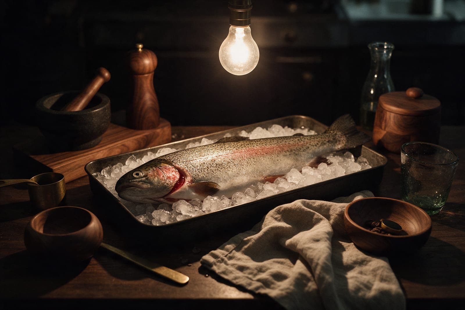 A whole trout on crushed ice in a dark tray, lit by one bulb.