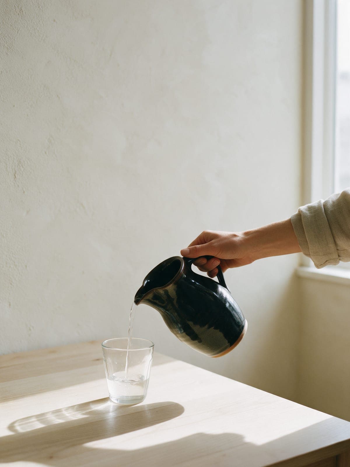 Water poured from a dark brown jug into a glass