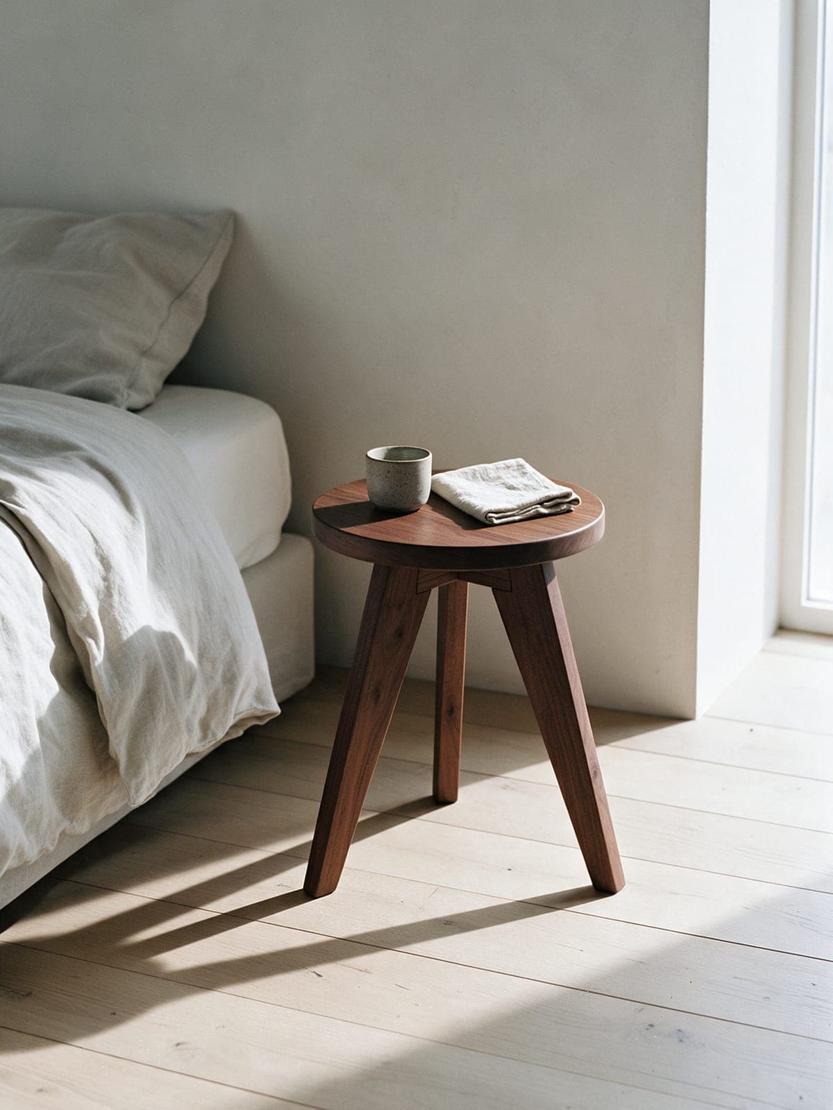 A three-legged walnut stool used as a bedside table