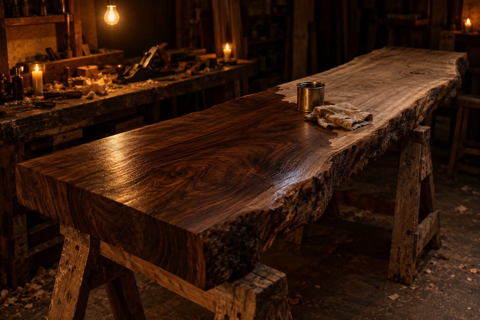 A long slab of black walnut on sawhorses in a workshop, half of it freshly oiled and dark, half still pale, a rag and a tin of oil resting on it.
