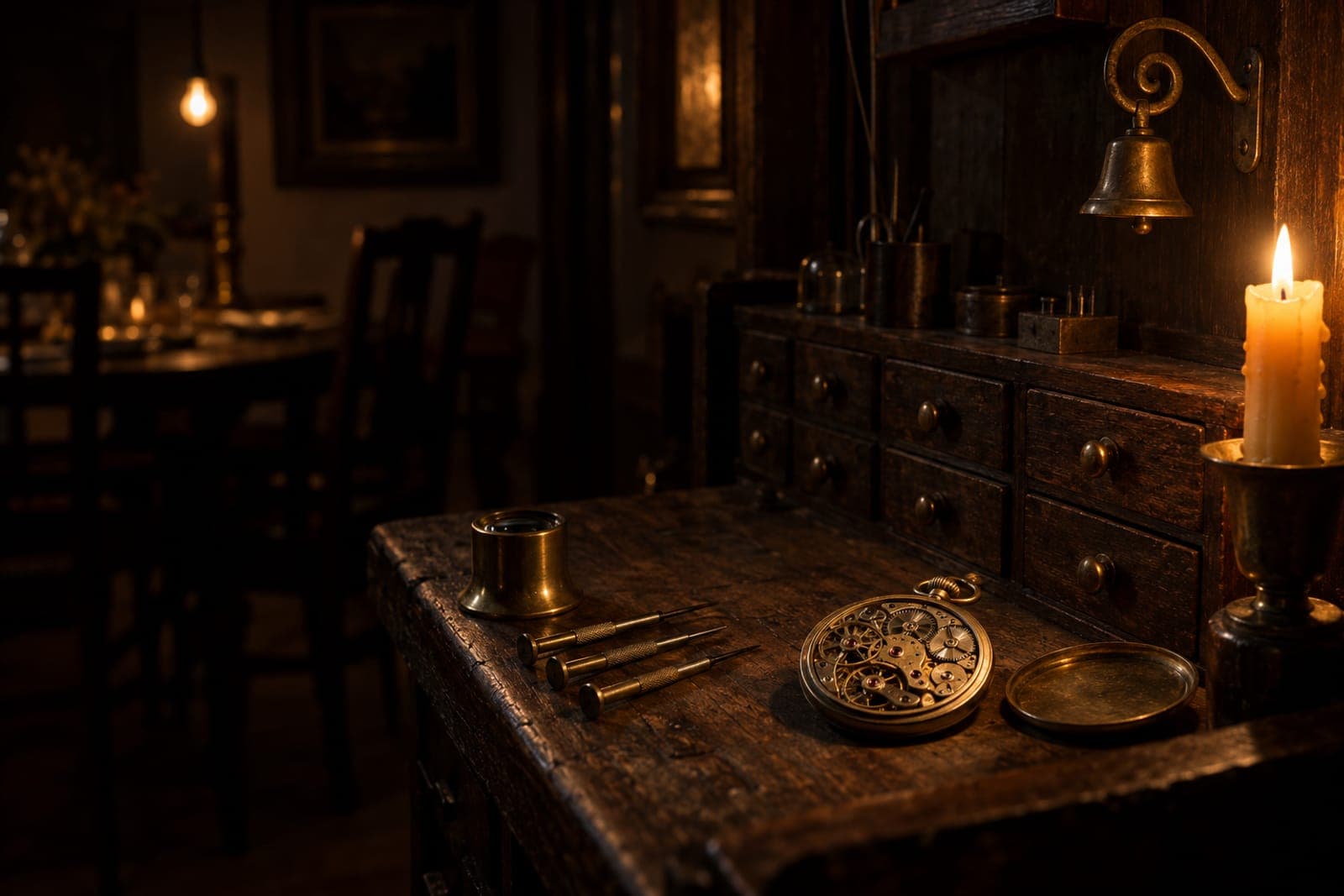 The old oak workbench by candlelight: a brass loupe, three small screwdrivers, an open watch movement showing its jewels, a brass shop bell on the wall above.