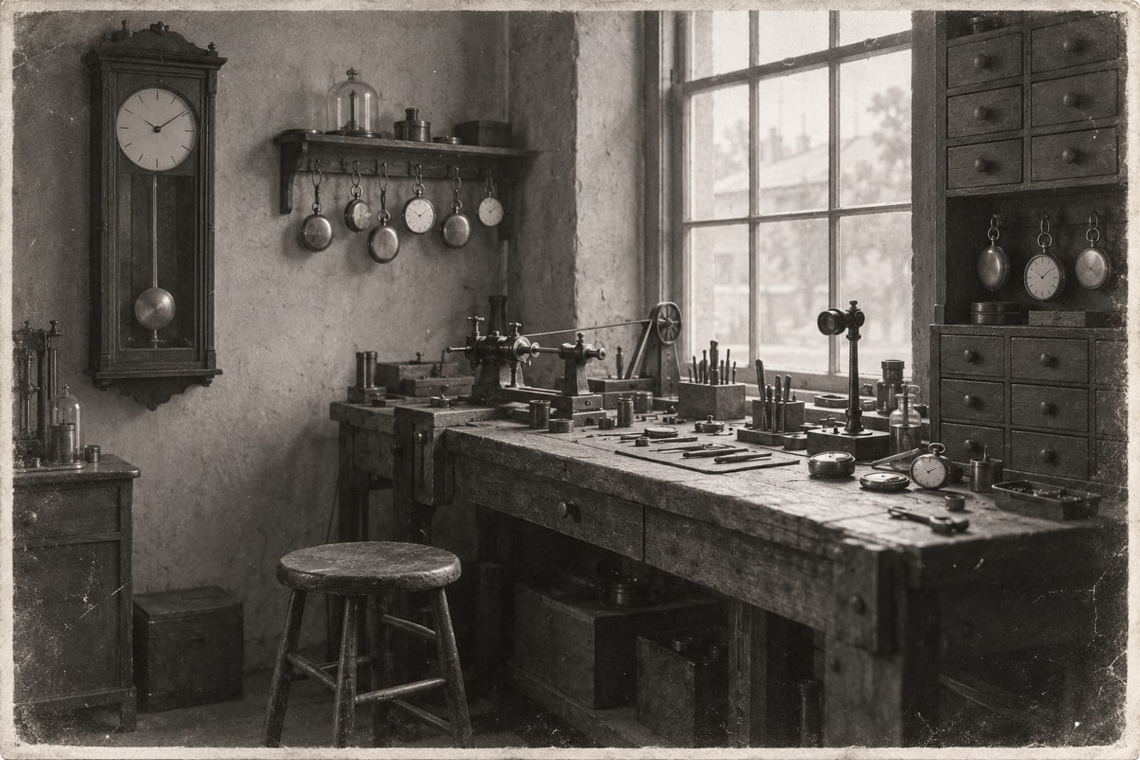 A black and white photograph of a watchmaker's bench under a tall window: a lathe, loupes, drawers of parts, pocket watches on hooks and a pendulum clock on the wall.