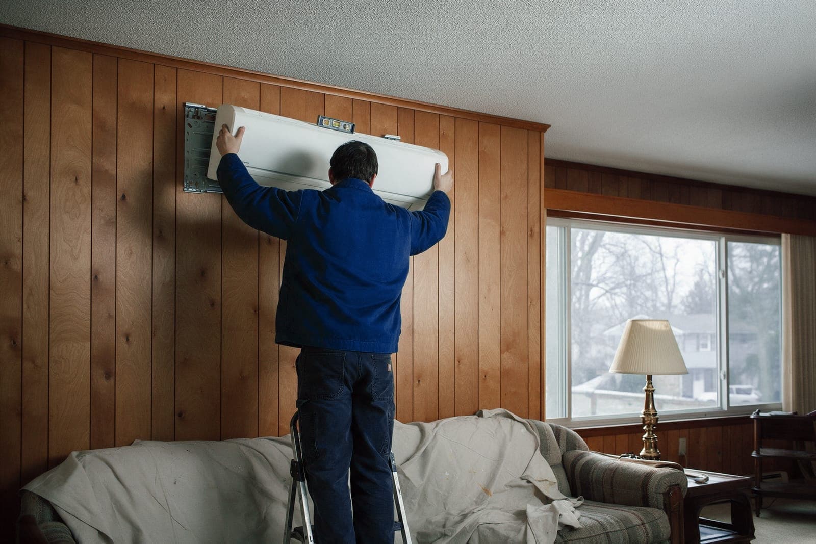 A technician on a stepladder lifts a white ductless head onto its mounting plate on the wood-paneled wall of a raised ranch living room