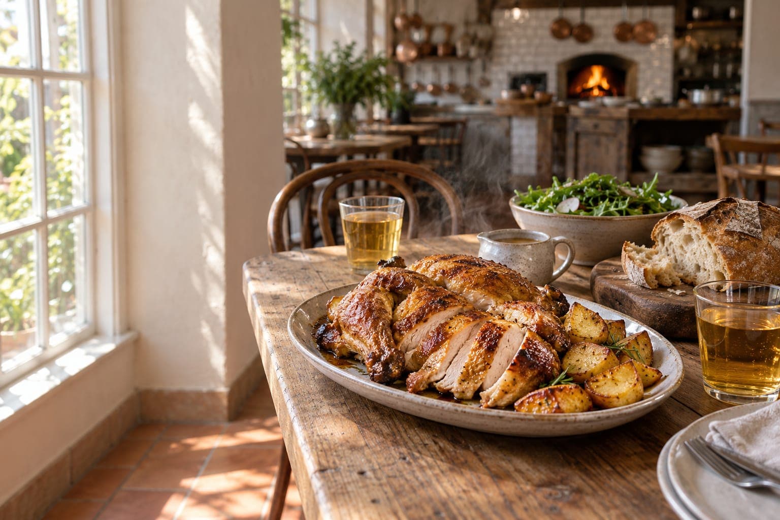 A platter of carved chicken and potatoes on a table by the window, with hearth bread, salad, gravy and two glasses of cider, steam rising in the sun.