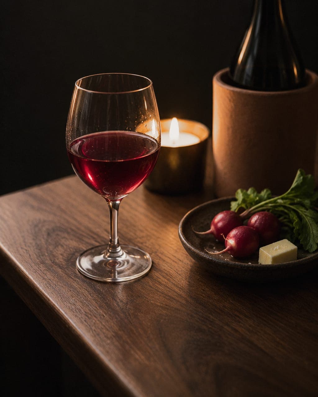 A small glass of bright ruby Gamay beside a bottle in a terracotta cooling sleeve and a dish of radishes with butter.