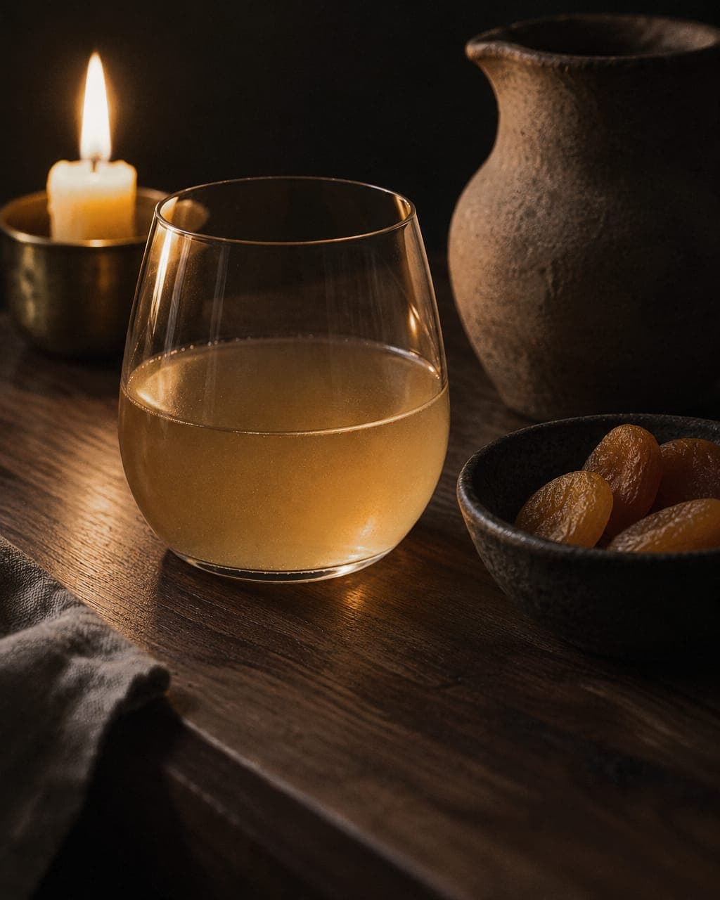A short stemless tumbler of hazy amber skin-contact wine beside a rough clay jug and a small dish of dried apricots on the walnut counter.