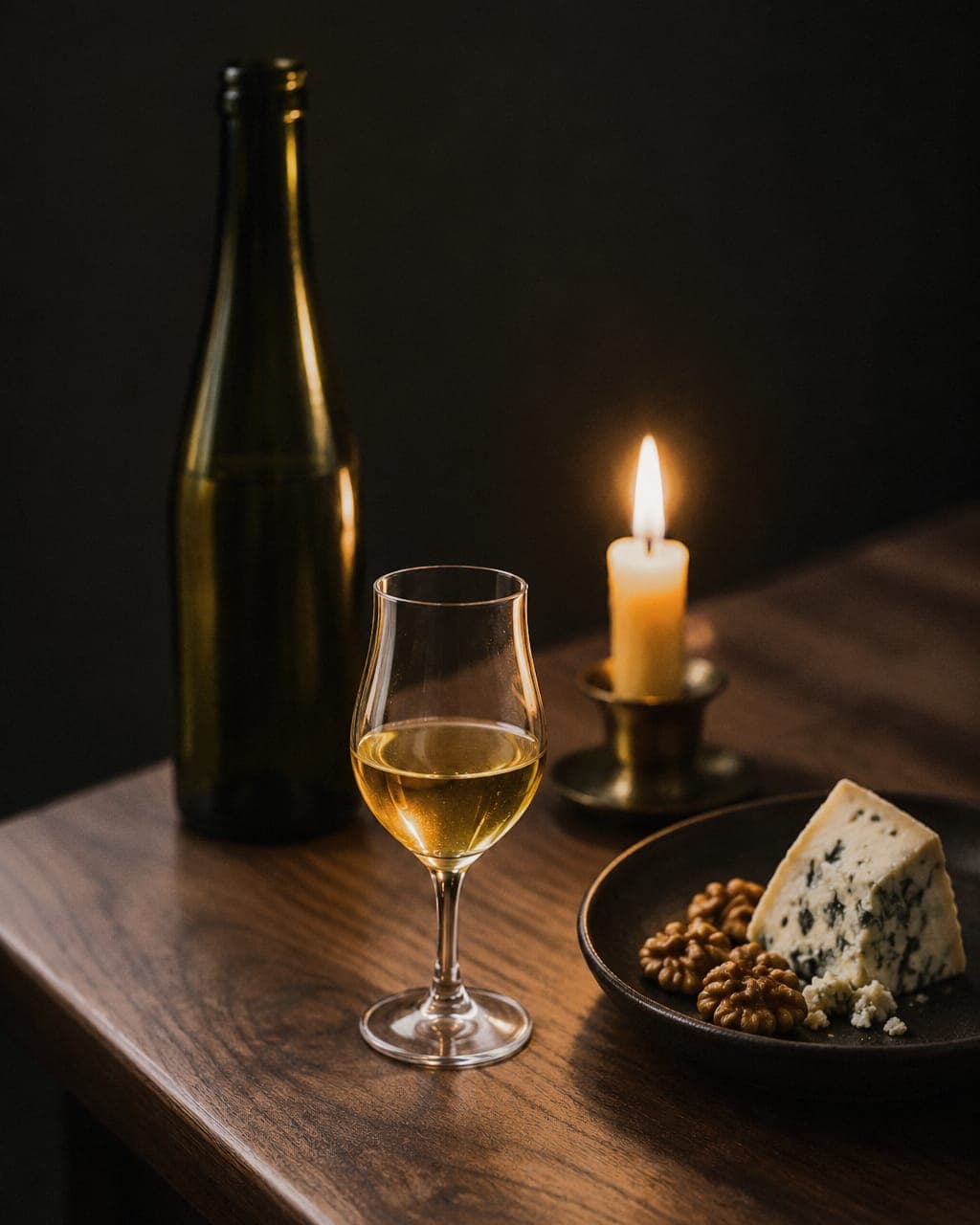 A small stemmed glass of golden Riesling Auslese on the walnut counter, a slender green half-bottle behind it, a taper candle in a brass holder and a wedge of blue cheese with walnut halves on dark stoneware.