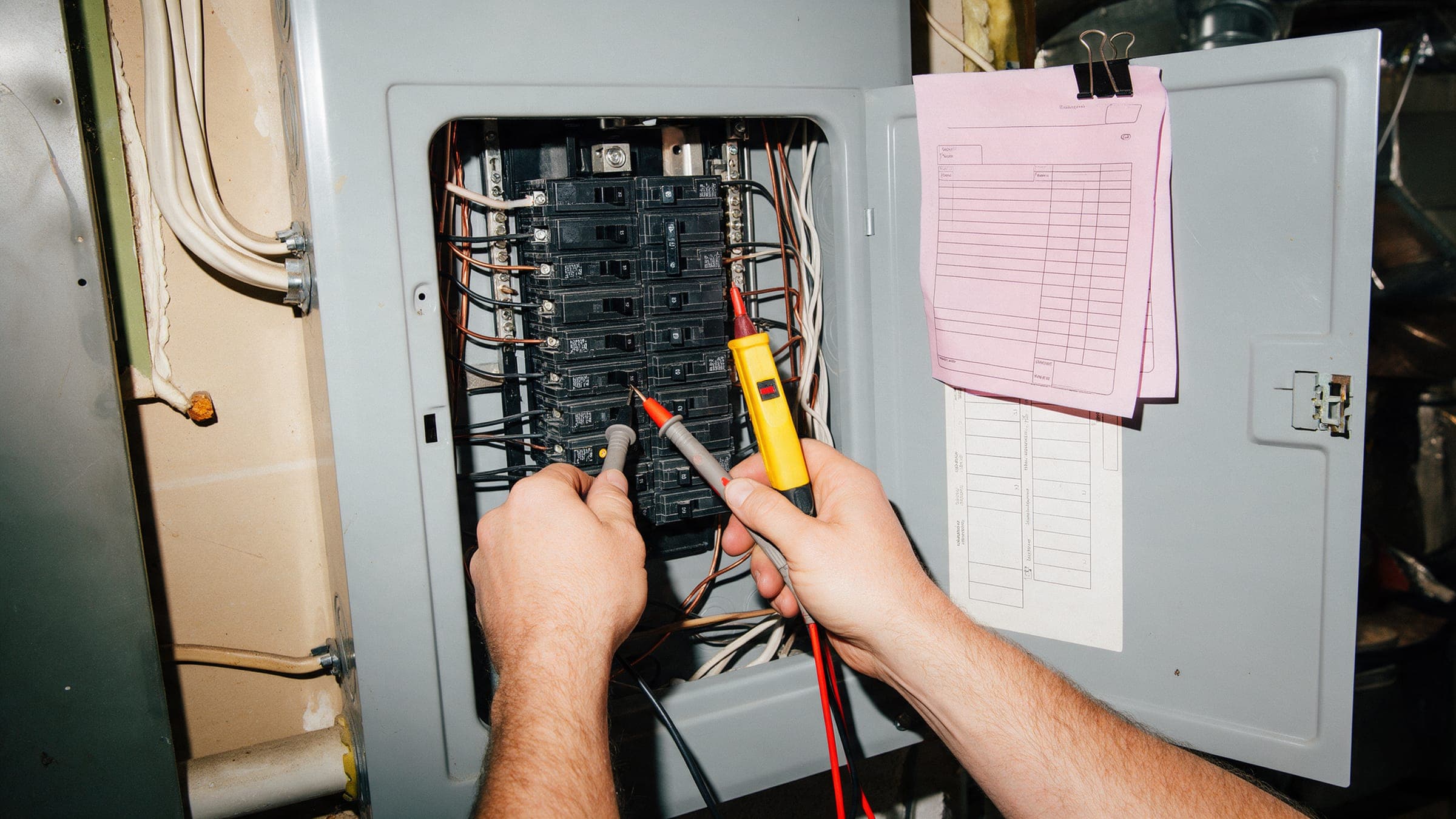 Hands testing an open breaker panel, a pink carbon copy clipped to its door.
