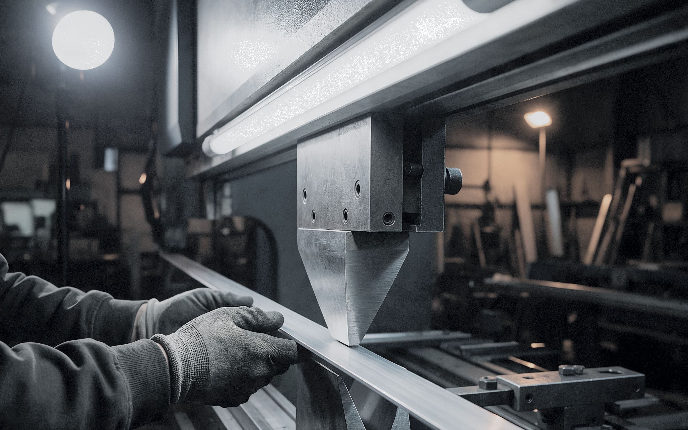 Gloved hands feeding a long blank between the press brake punch and the V-die