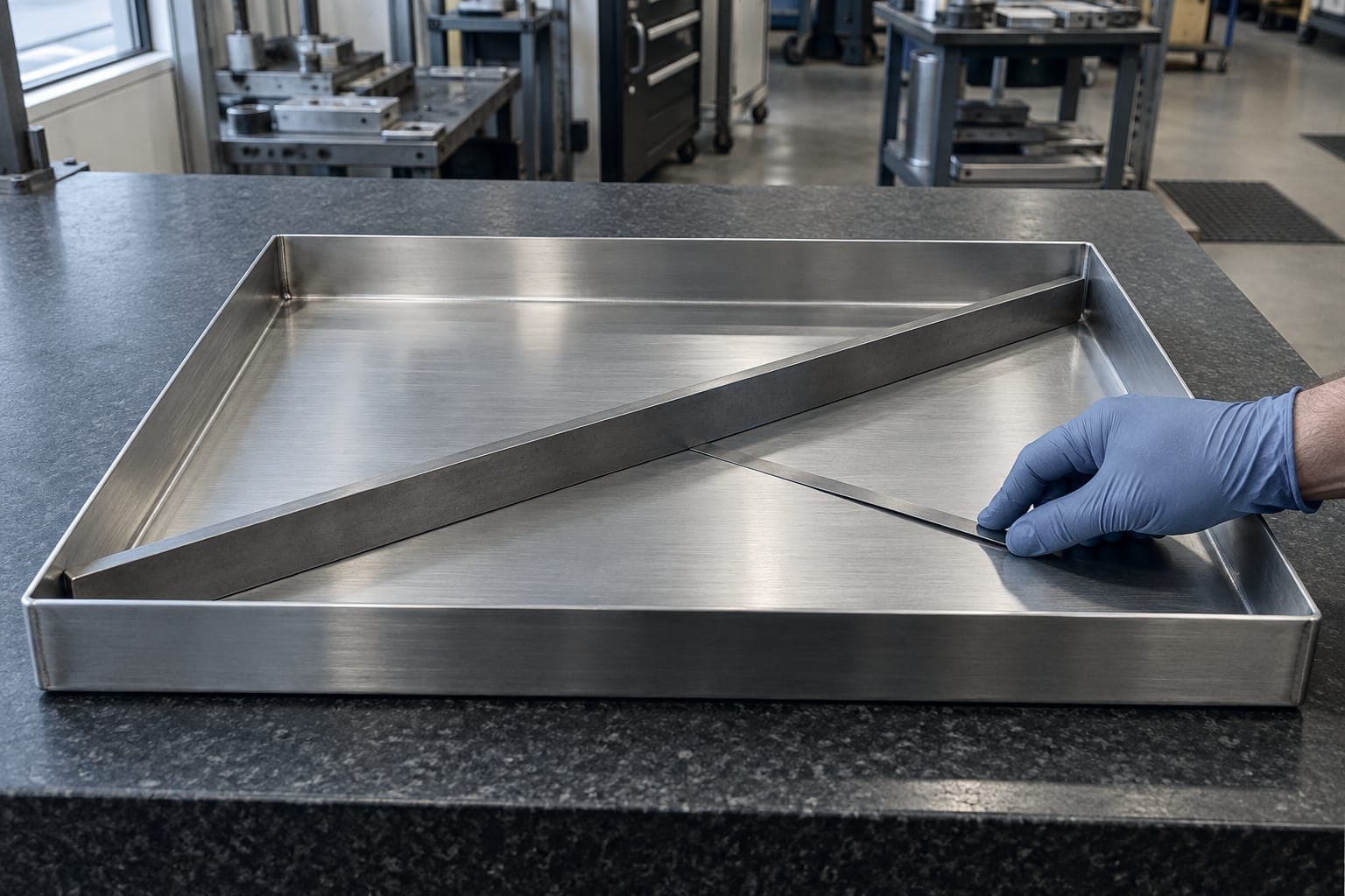 Straightedge across a welded stainless shelf on the granite plate, no light under it