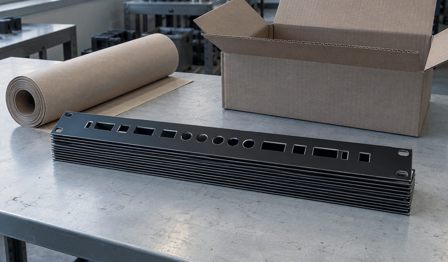 A stack of black anodized 1U panels on the packing bench, the top one showing its connector cutouts