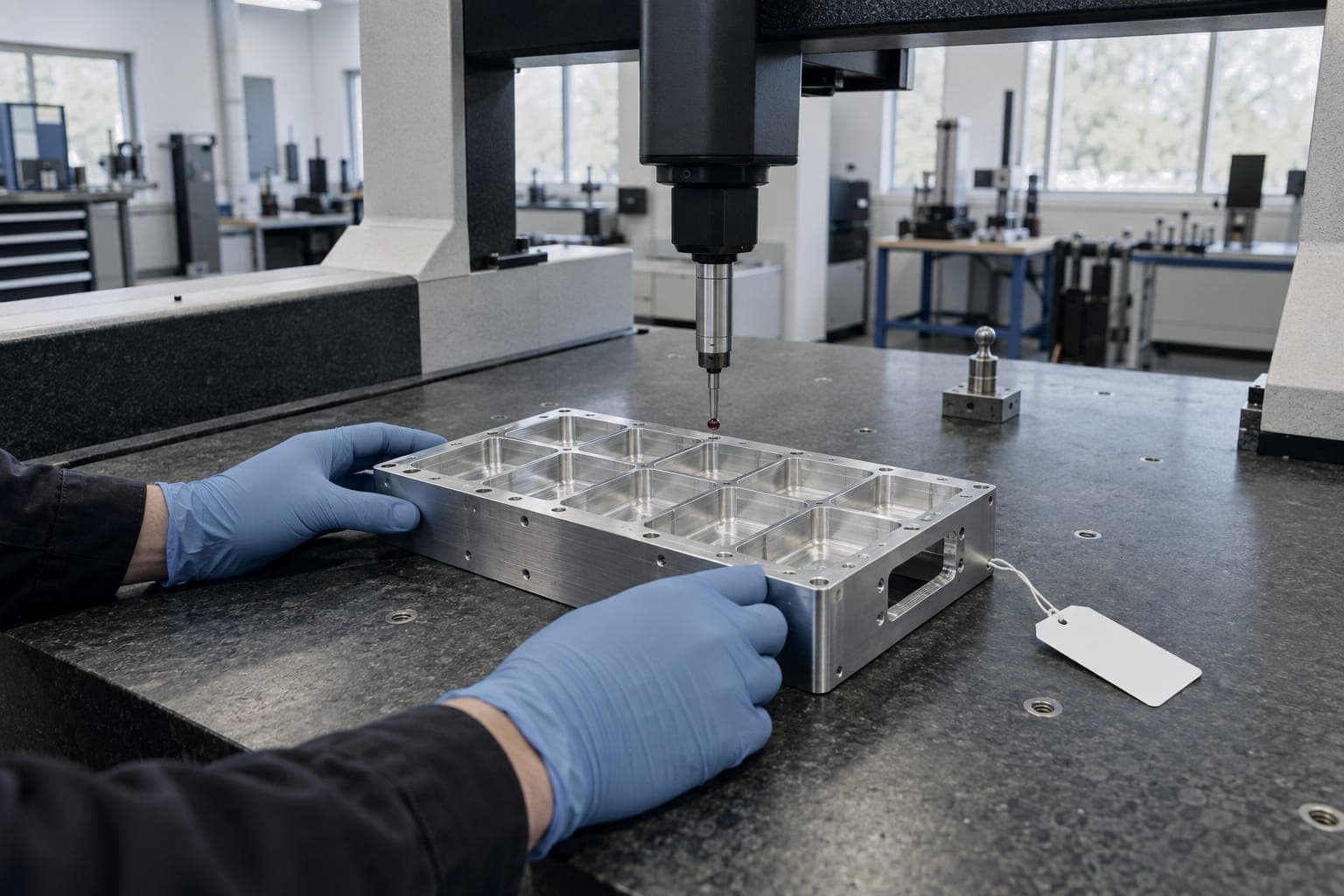 Gloved hands setting a pocketed aluminum tray on the CMM table under the probe