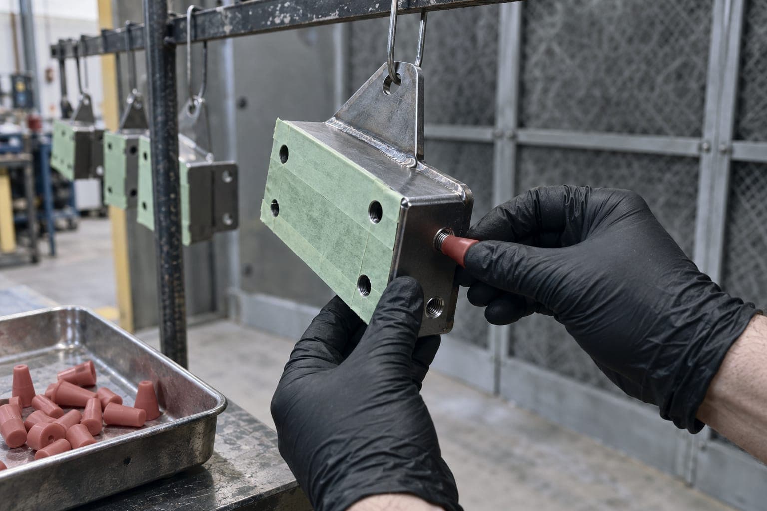 Gloved hands pressing a silicone plug into a tapped hole on a welded bracket, masking tape over its machined face, before powder