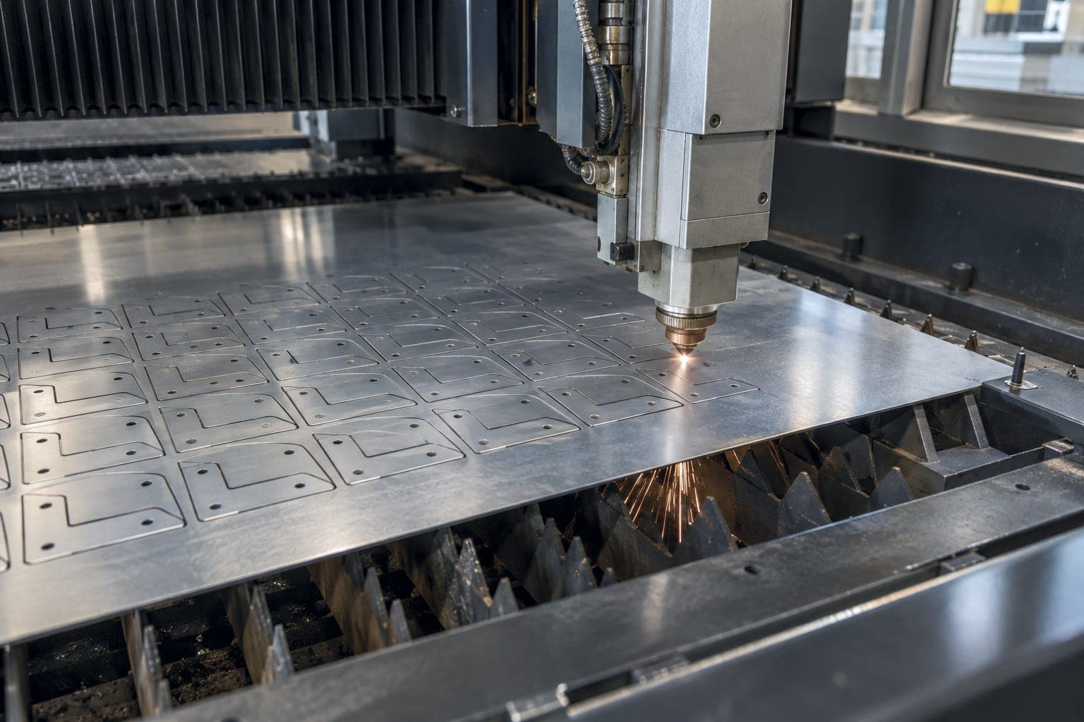 The fiber laser head cutting a nest of L-bracket blanks from aluminum sheet on the slat bed, sparks under the sheet