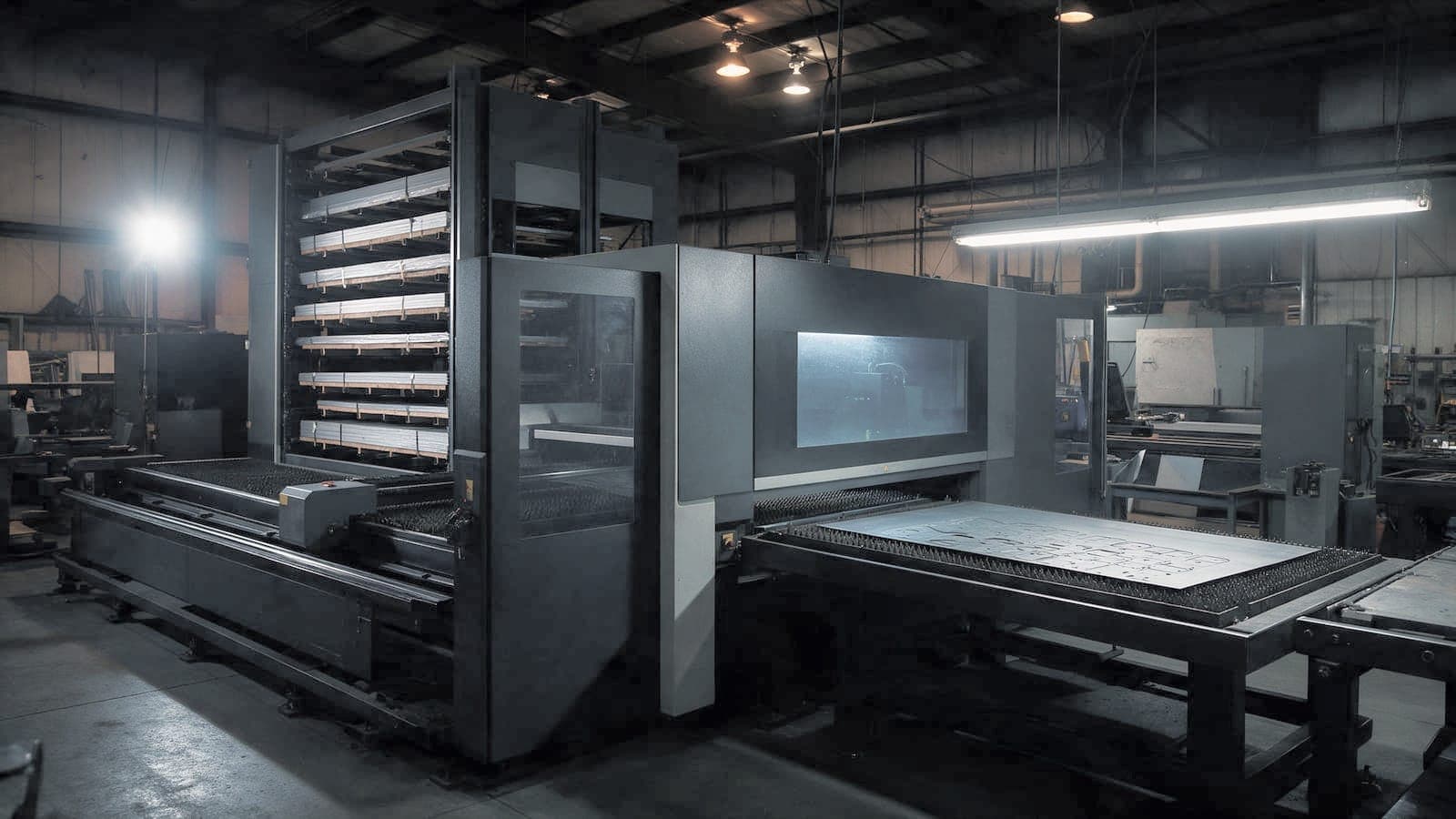 The 4 kW fiber laser cell after hours: shuttle table, sheet tower and a cut nest on the outgoing table