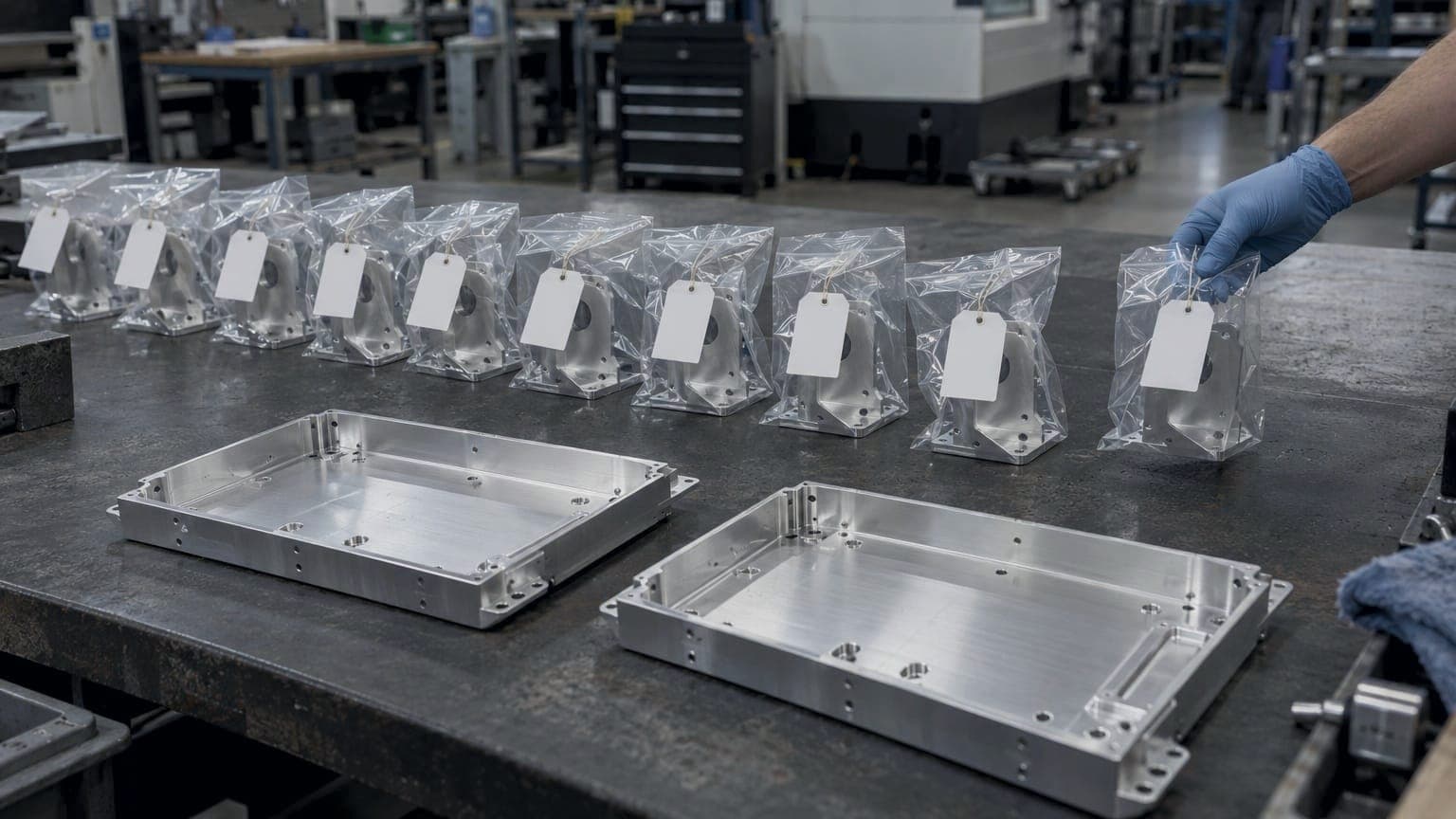 Bagged and tagged aluminum brackets in a row on the inspection bench, avionics trays in front, a gloved hand placing the last bag