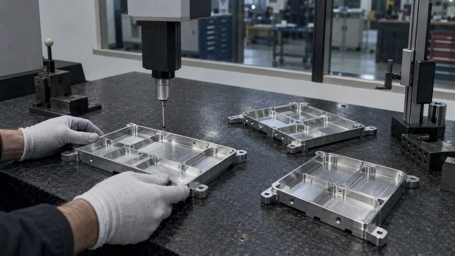 Machined aluminum avionics trays on the granite inspection table, one under the measuring probe, gloved hands steadying it